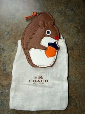 Coach Kids Brown Squirrel Coin Purse with White, Orange and Navy Accents